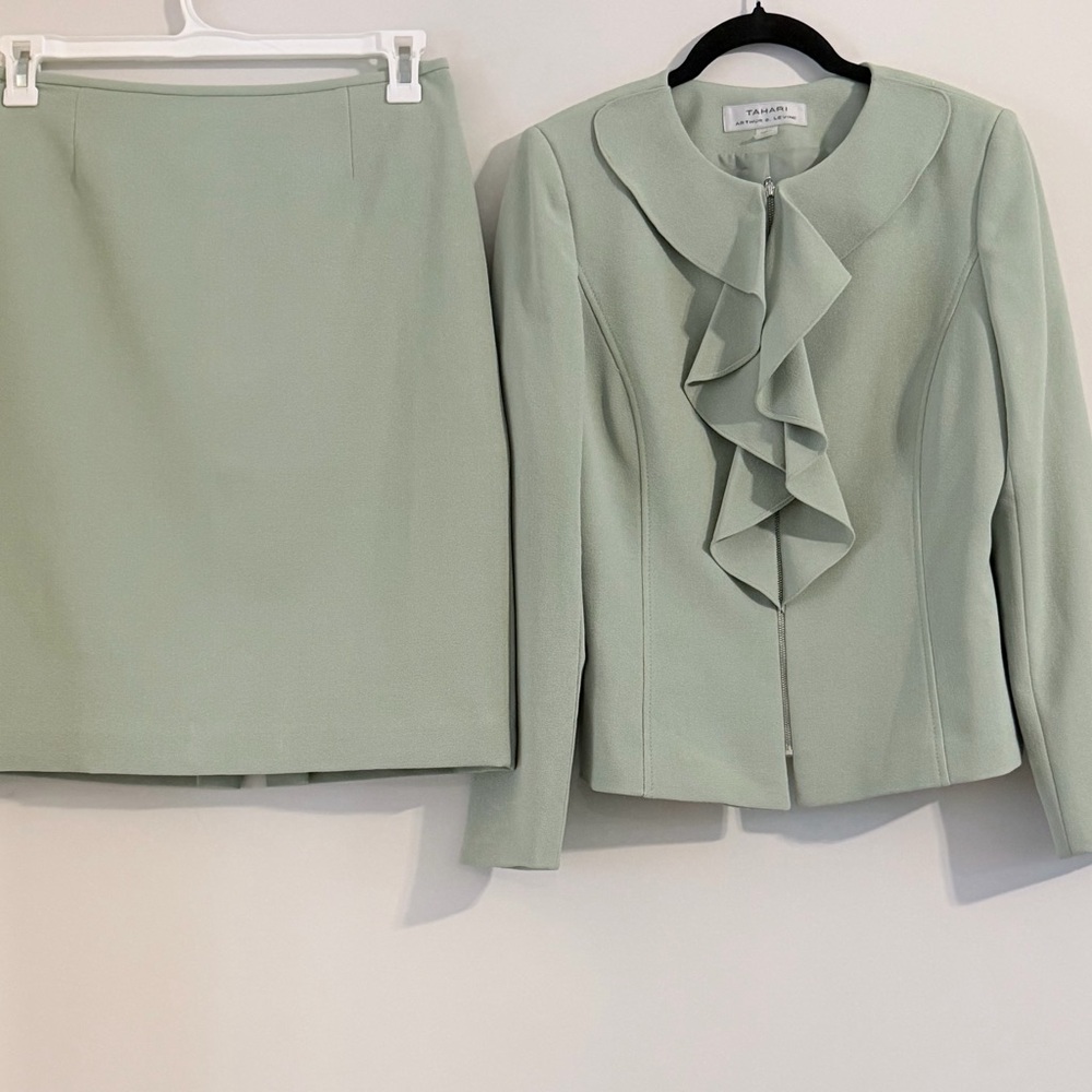 Tahari ASL Pistachio Green Skirt Set - Ruffle Jacket & Pencil Skirt